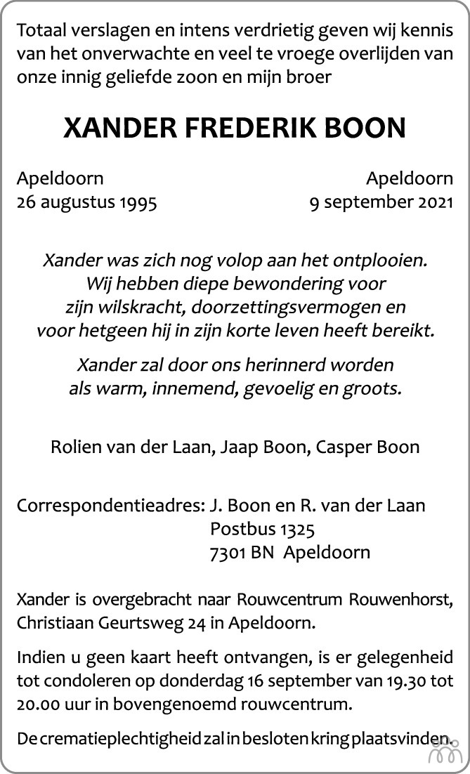 Overlijdensbericht van Xander Frederik Boon in de Stentor
