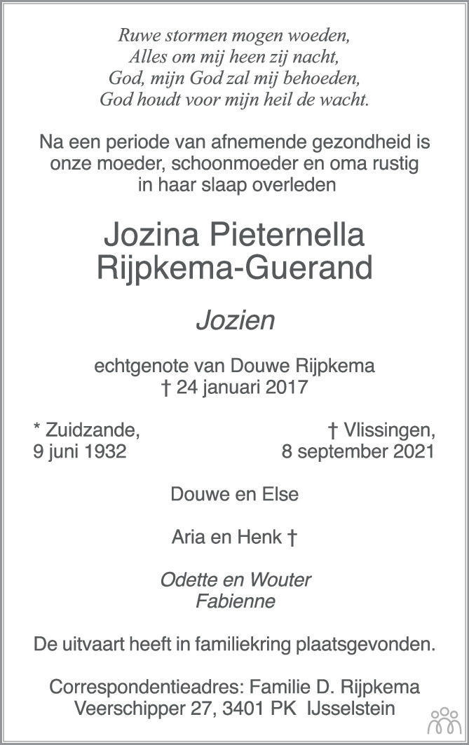 Overlijdensbericht van Jozina Pieternella (Jozien) Rijpkema-Guerand in PZC Provinciale Zeeuwse Courant
