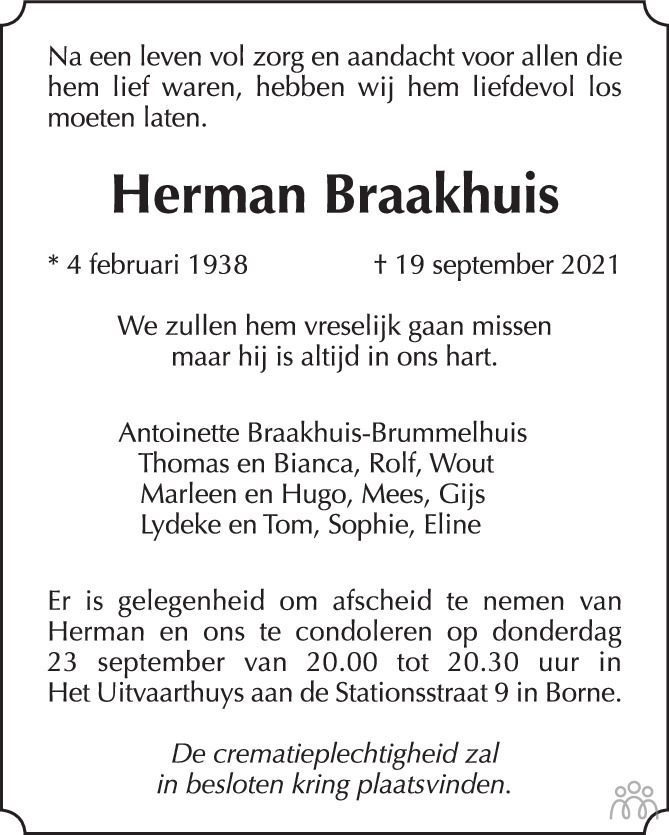 Overlijdensbericht van Herman Braakhuis in Tubantia