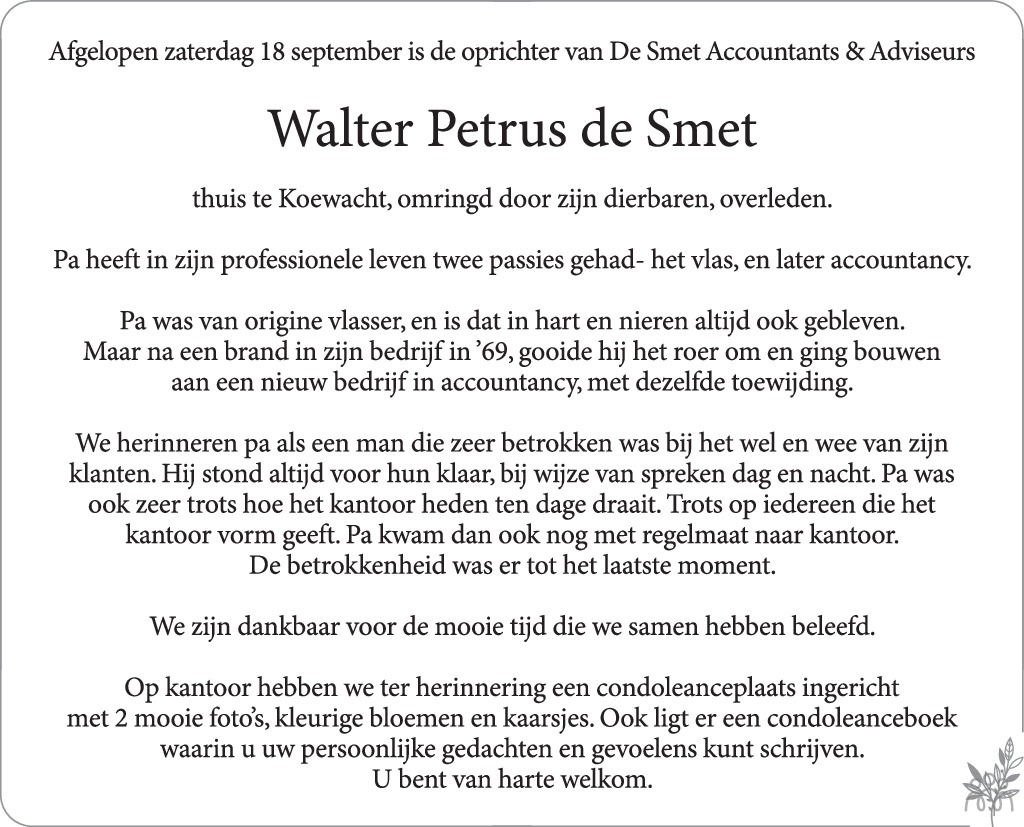 Walter Petrus De Smet Overlijdensbericht En Condoleances Mensenlinq Nl