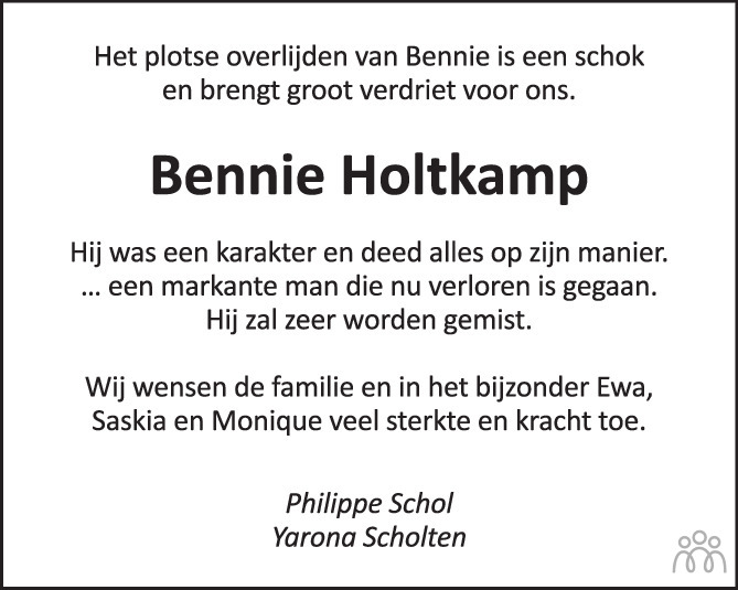 Overlijdensbericht van Bennie Holtkamp in Tubantia