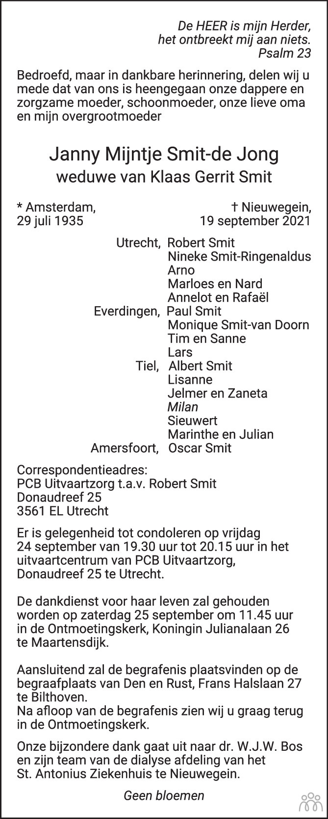 Overlijdensbericht van Janny Mijntje Smit-de Jong in Trouw