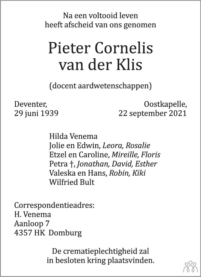 Overlijdensbericht van Pieter Cornelis van der Klis in PZC Provinciale Zeeuwse Courant