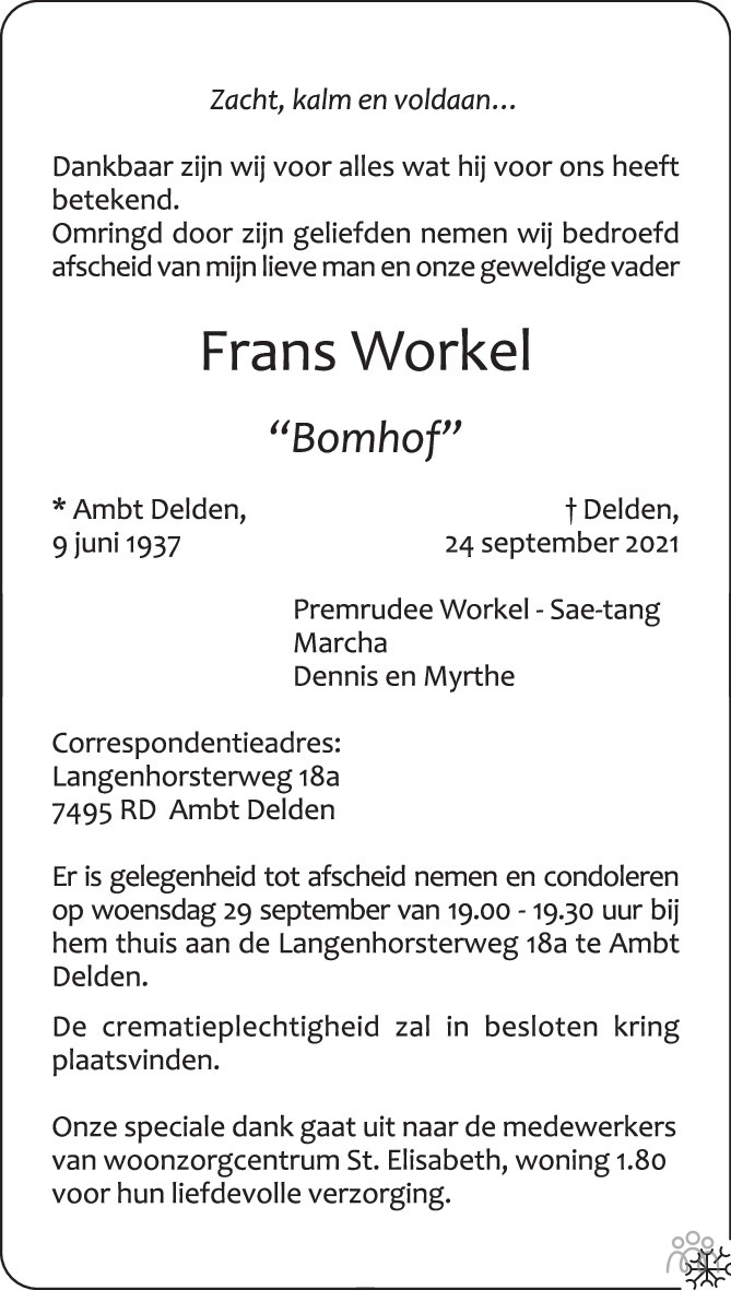 Frans Workel 24-09-2021 overlijdensbericht en condoleances - Mensenlinq.nl