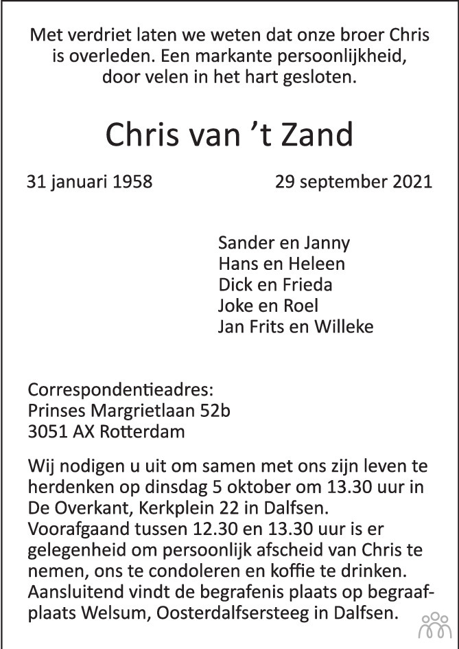 Chris van ’t Zand 29-09-2021 overlijdensbericht en condoleances ...