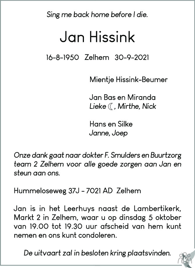 Jan Hissink 30-09-2021 overlijdensbericht en condoleances - Mensenlinq.nl