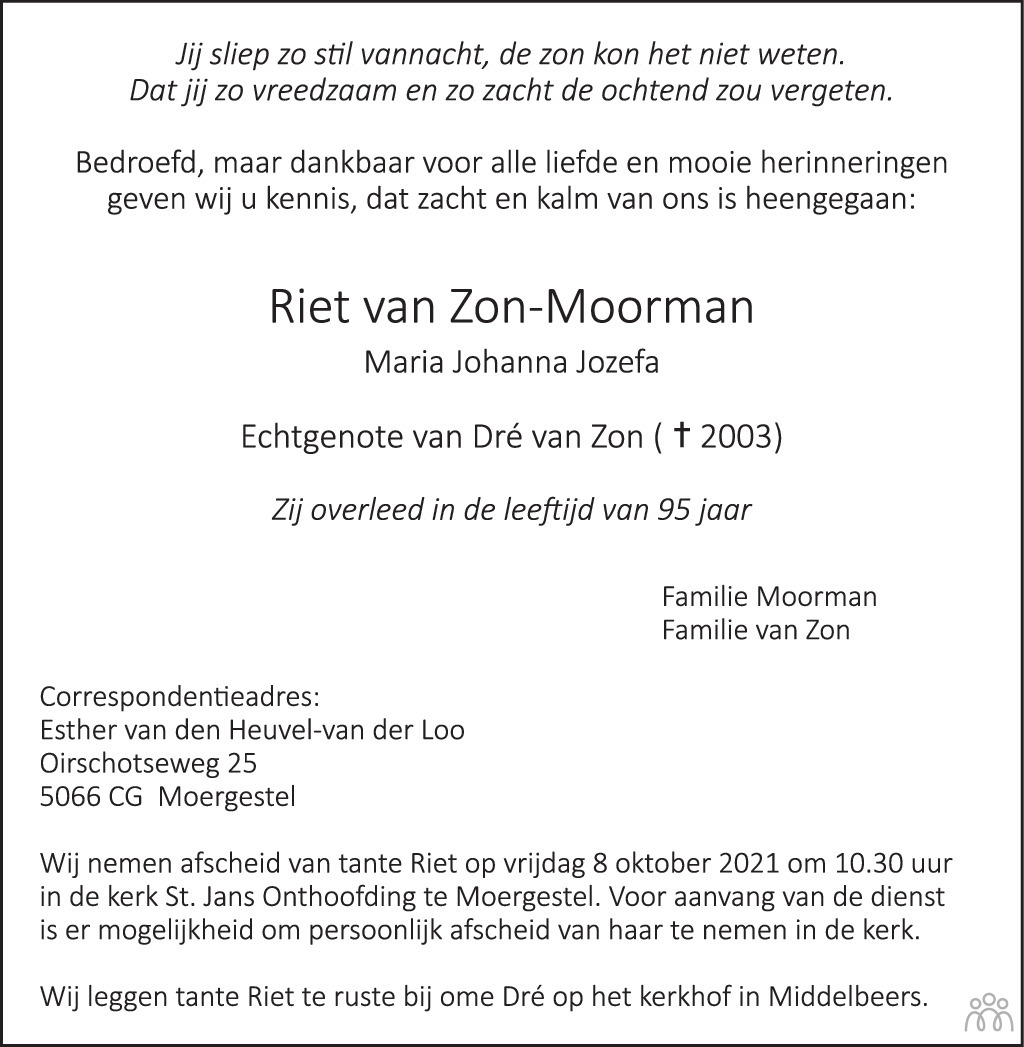 Riet (Maria Johanna Jozefa) van Zon-Moorman 01-10-2021 ...