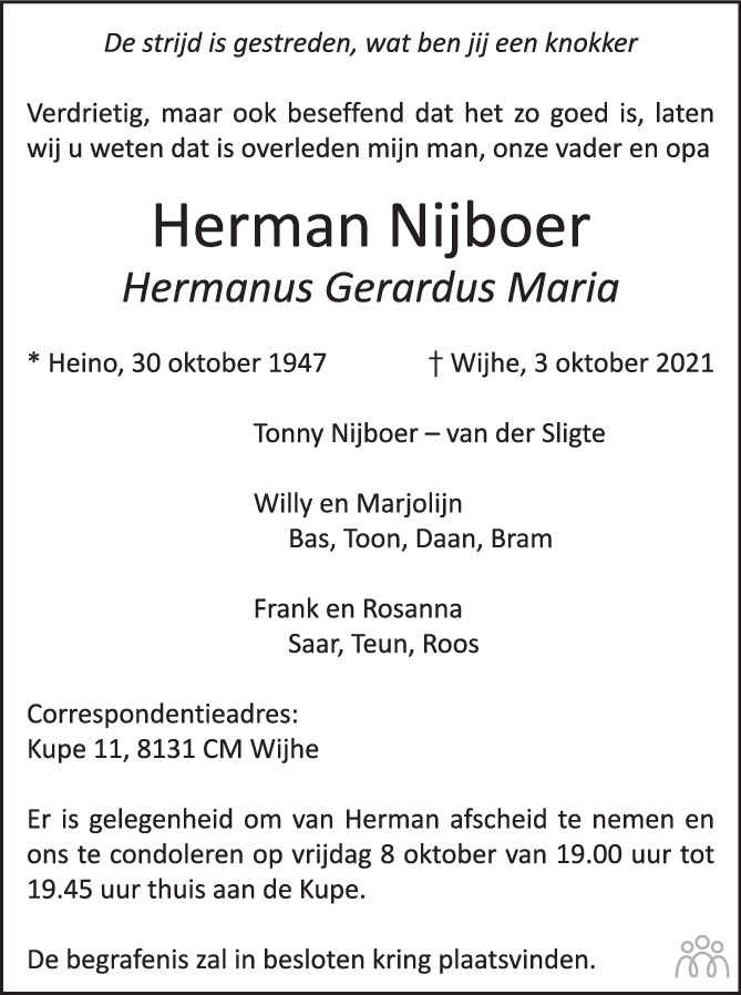 Herman Hermanus Gerardus Maria Nijboer 03 10 2021 Overlijdensbericht