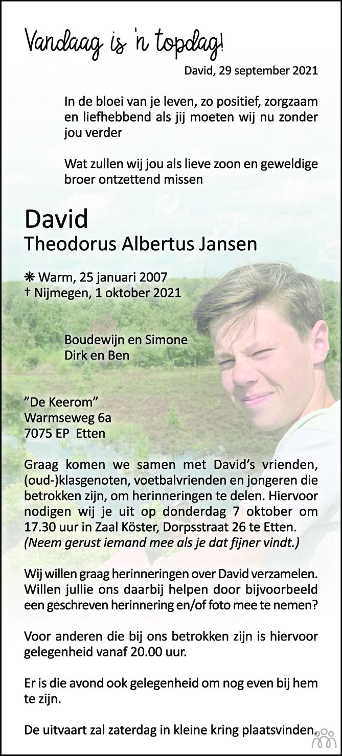 David (Theodorus Albertus) Jansen 01-10-2021 Overlijdensbericht En ...