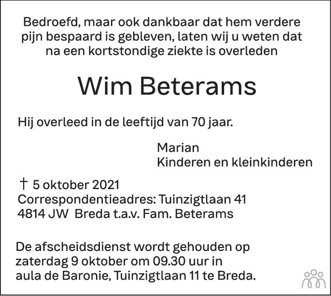 Overlijdensbericht van Wim Beterams in BN DeStem