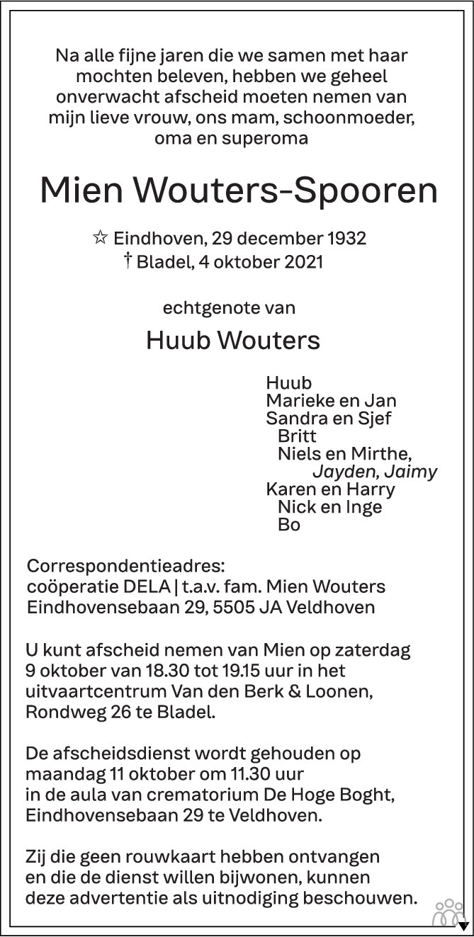 Overlijdensbericht van Mien Wouters-Spooren in Eindhovens Dagblad