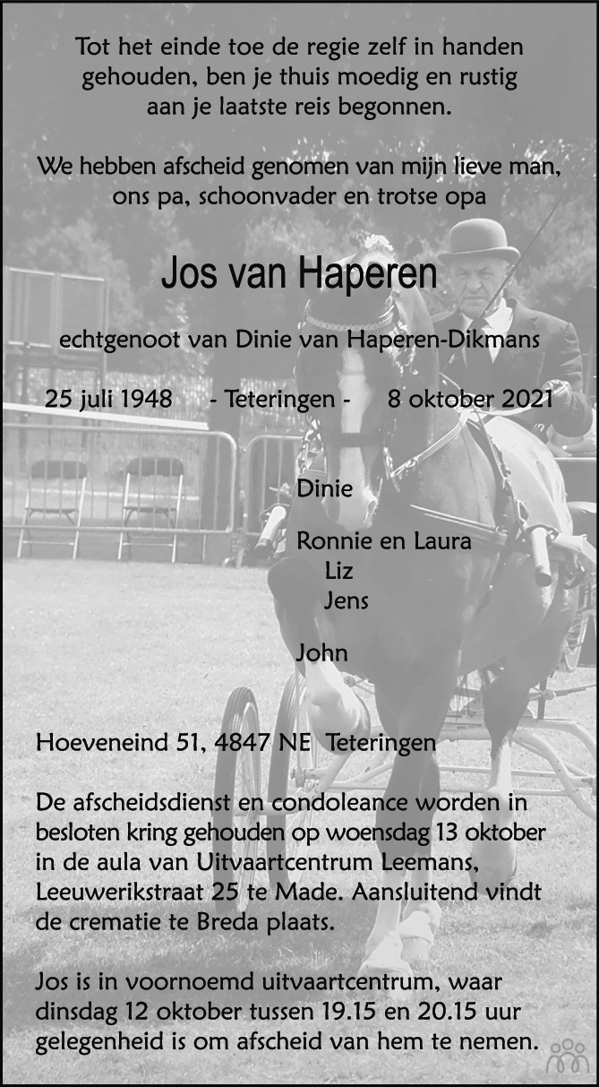 Overlijdensbericht van Jos van Haperen in BN DeStem