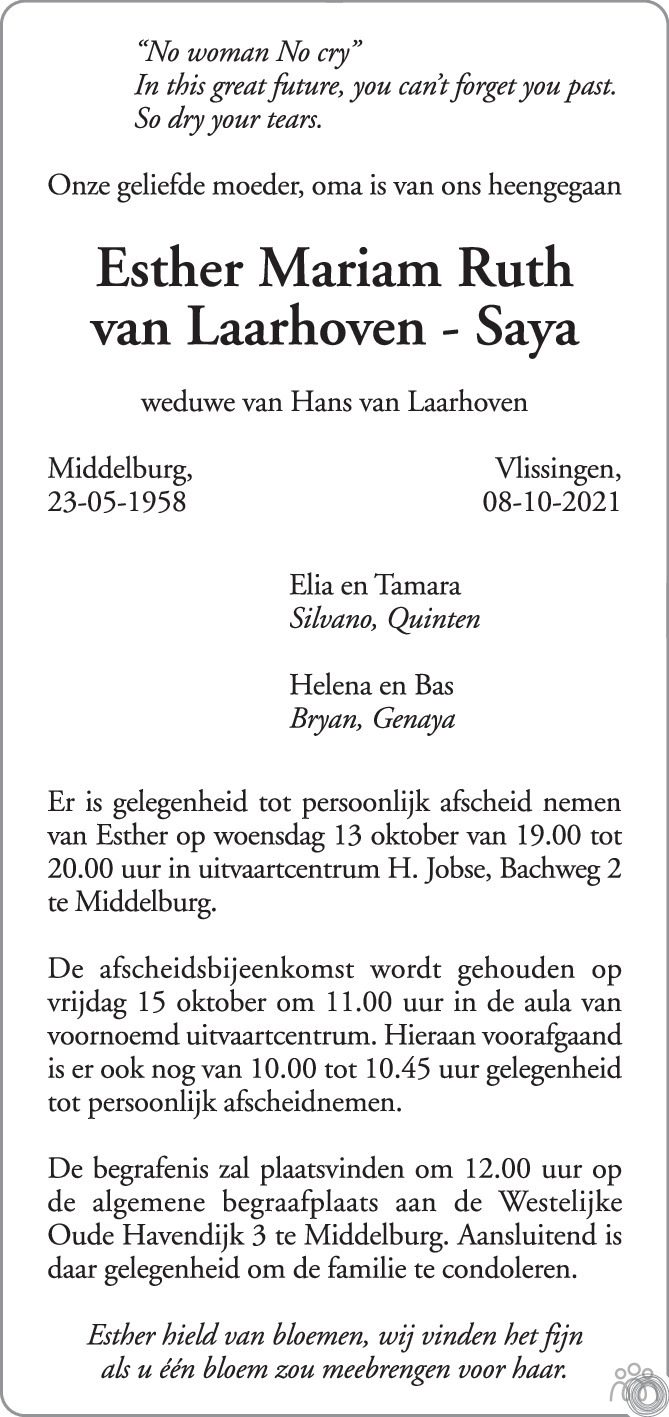 Overlijdensbericht van Esther Mariam Ruth van Laarhoven-Saya in PZC Provinciale Zeeuwse Courant