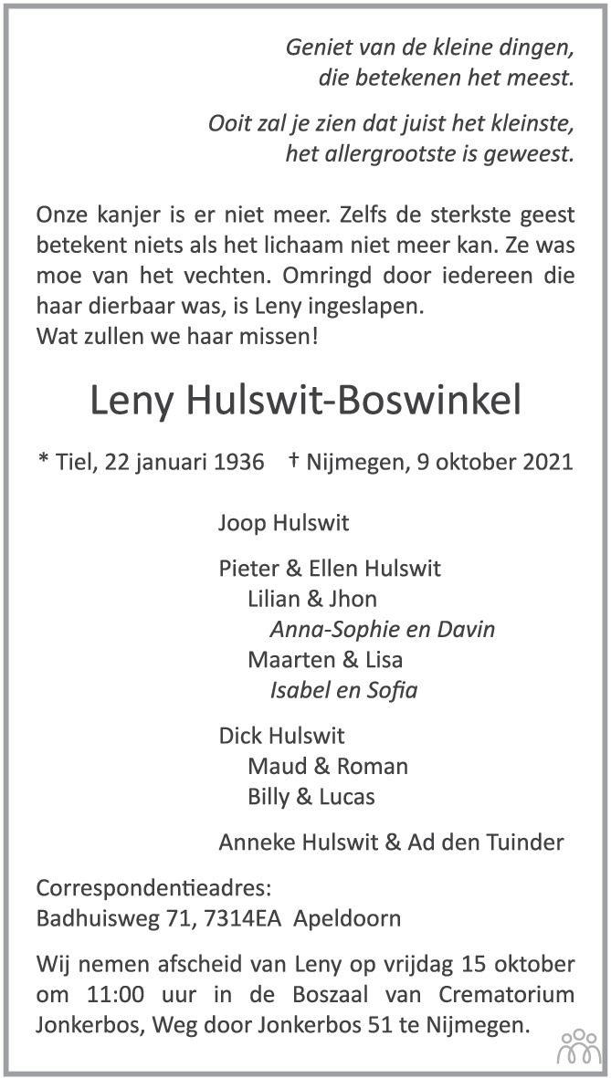 Overlijdensbericht van Leny Hulswit-Boswinkel in de Gelderlander