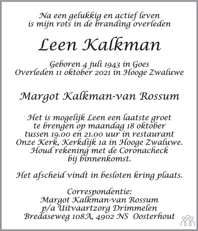 Overlijdensbericht van Leen Kalkman in BN DeStem