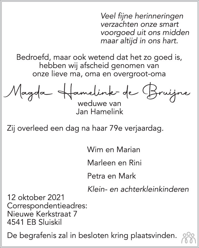Overlijdensbericht van Magda Hamelink-de Bruijne in PZC Provinciale Zeeuwse Courant