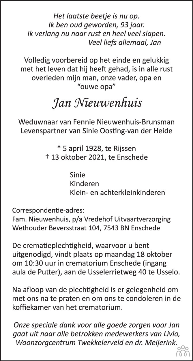 Overlijdensbericht van Jan Nieuwenhuis in Tubantia