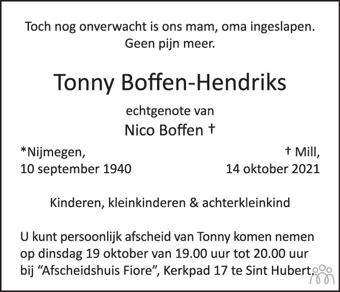 Overlijdensbericht van Tonny Boffen-Hendriks in de Gelderlander