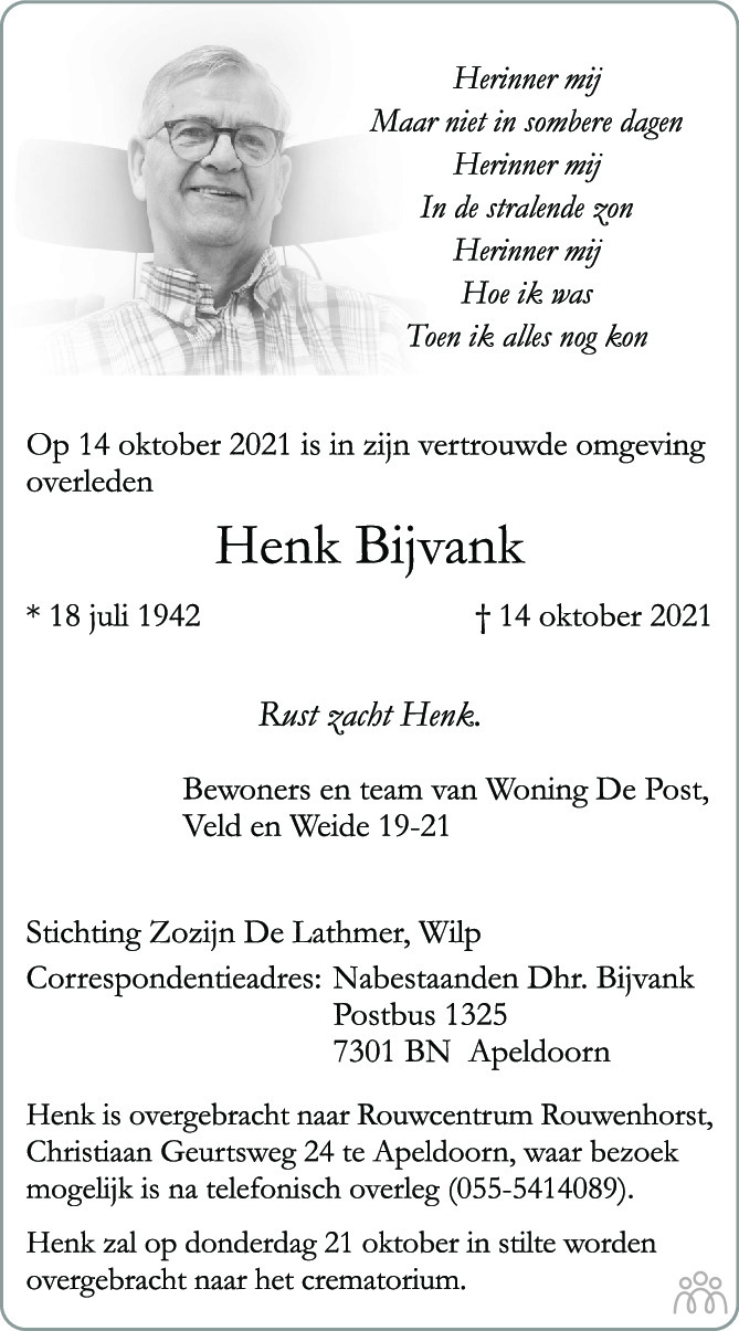 Overlijdensbericht van Henk Bijvank in de Stentor