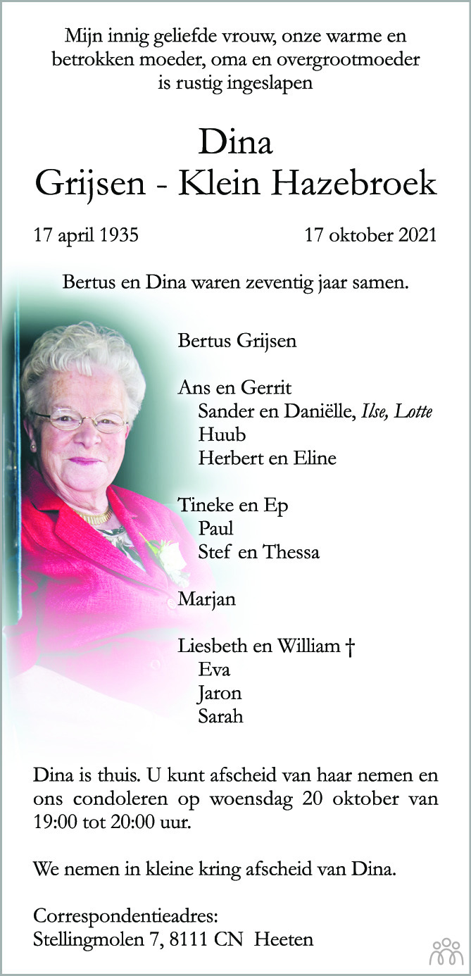 Overlijdensbericht van Dina Grijsen-Klein Hazebroek in de Stentor