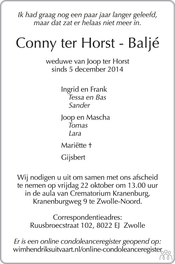 Overlijdensbericht van Conny ter Horst-Baljé in de Stentor