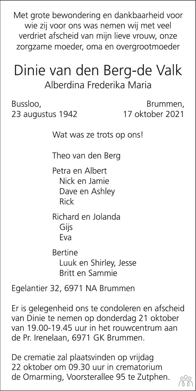 Overlijdensbericht van Dinie van den Berg-de Valk in de Stentor