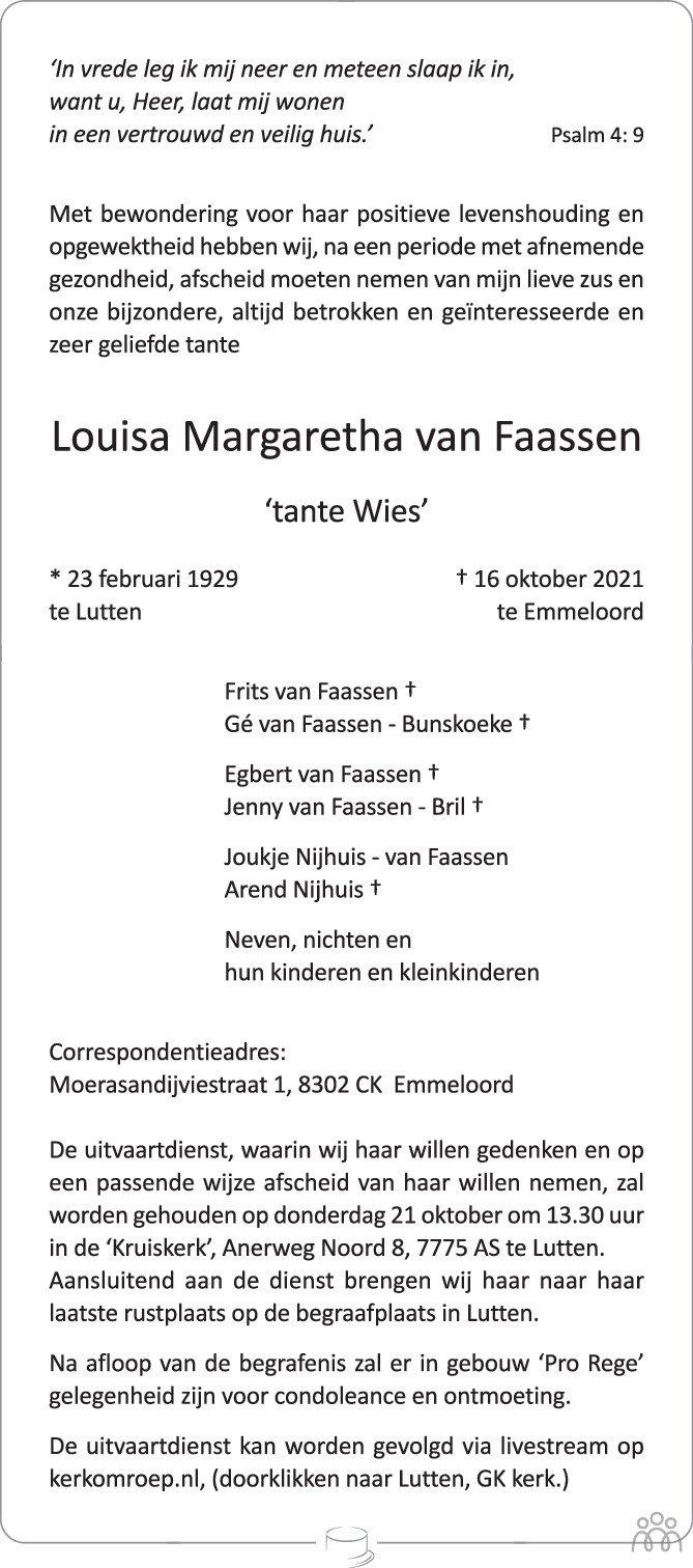 Overlijdensbericht van Louisa Margaretha van Faassen in Trouw