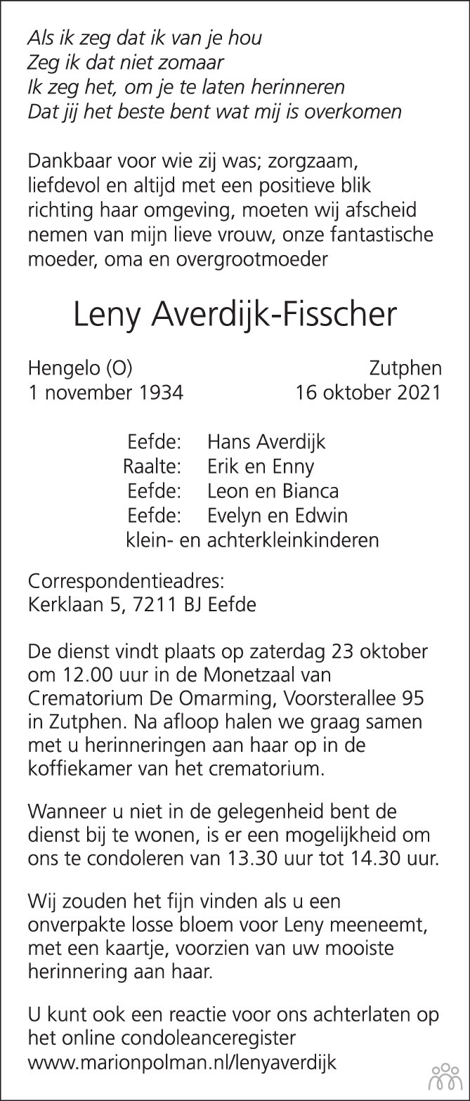 Overlijdensbericht van Leny Averdijk-Fisscher in de Stentor