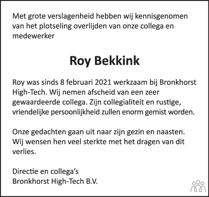Roy Bekkink 16102021 overlijdensbericht en condoleances