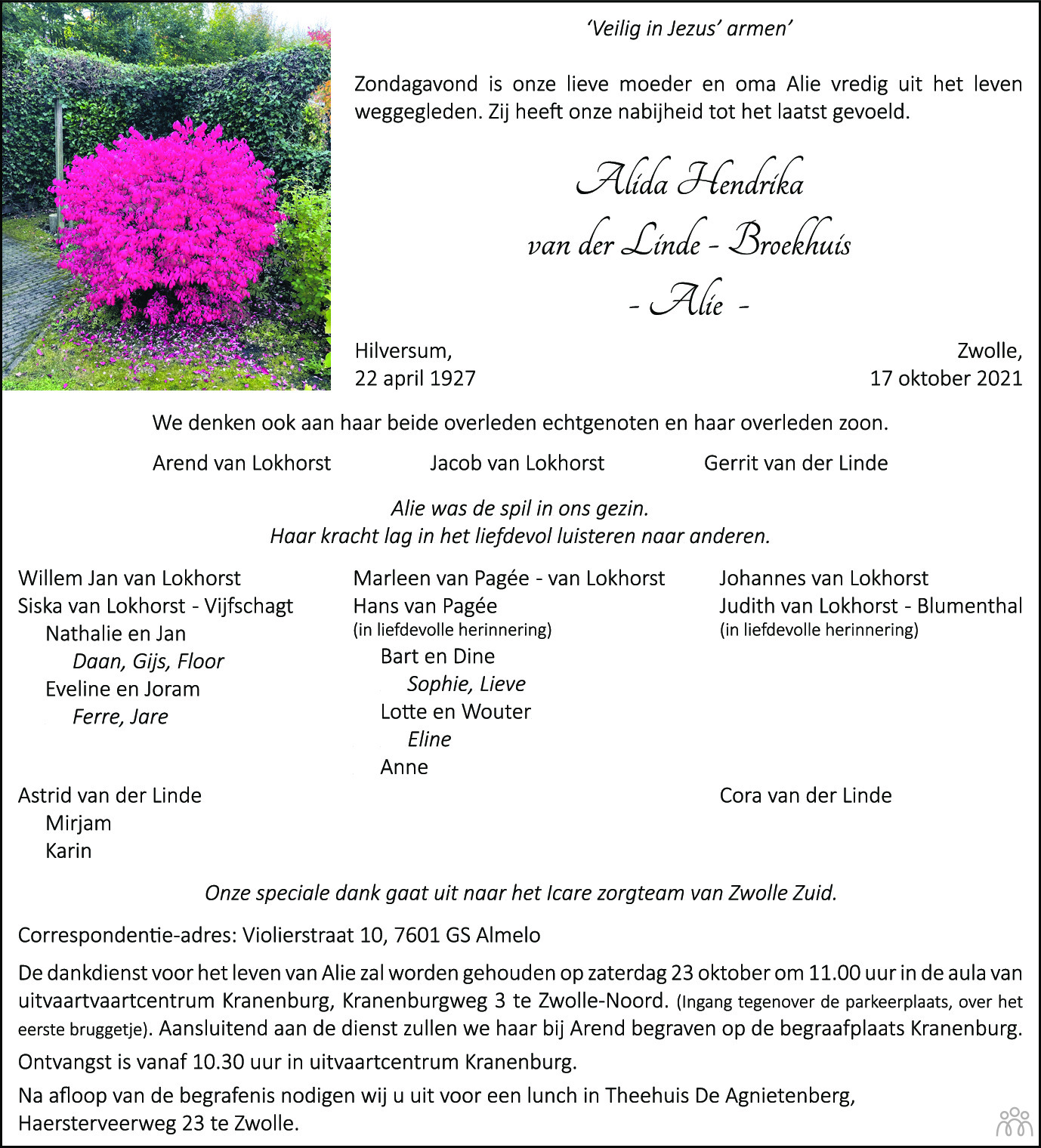 Overlijdensbericht van Alie (Alida Hendrika) van der Linde-Broekhuis in de Stentor