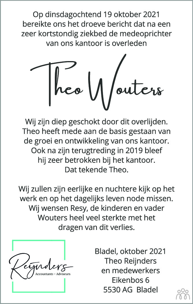 Overlijdensbericht van Theo Wouters in Eindhovens Dagblad