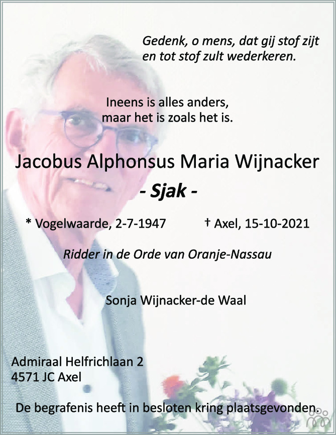 Overlijdensbericht van Jacobus Alponsus Maria (Sjak) Wijnacker in PZC Provinciale Zeeuwse Courant