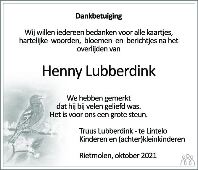 Henny Hendrikus Johannes Lubberdink 09 09 2021 Overlijdensbericht En