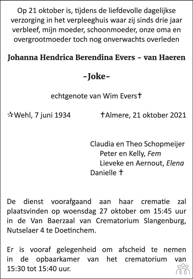 Overlijdensbericht van Johanna Hendrica Berendina (Joke) Evers in de Gelderlander