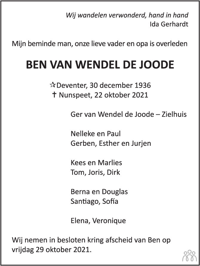 Overlijdensbericht van Ben van Wendel de Joode in Trouw
