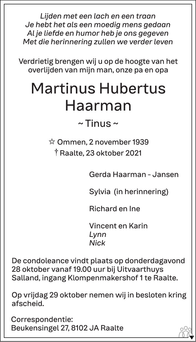 Overlijdensbericht van Martinus Hubertus (Tinus) Haarman in de Stentor
