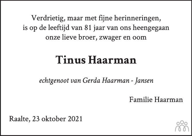 Overlijdensbericht van Martinus Hubertus (Tinus) Haarman in de Stentor