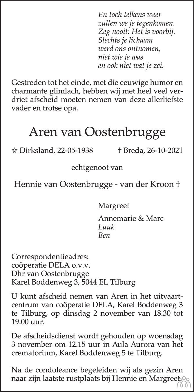 Overlijdensbericht van Aren van Oostenbrugge in Brabants Dagblad