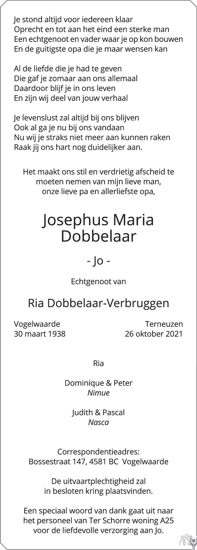 Overlijdensbericht van Josephus Maria (Jo) Dobbelaar in PZC Provinciale Zeeuwse Courant