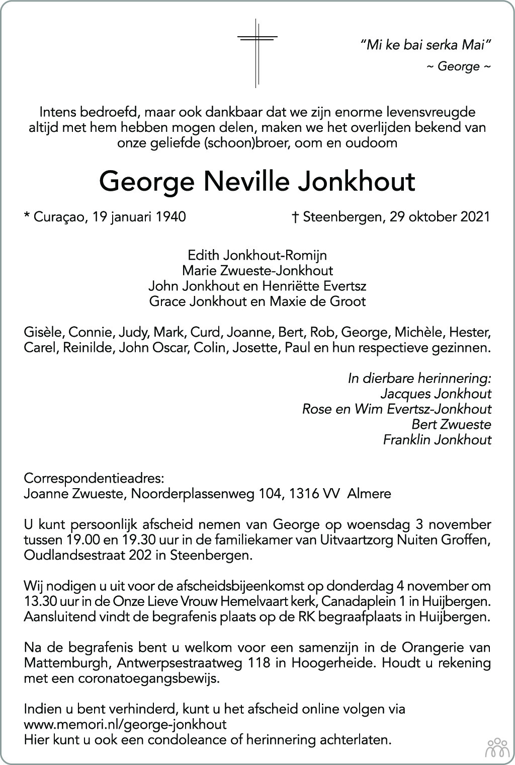 Neville Jonkhout 29102021 overlijdensbericht en condoleances