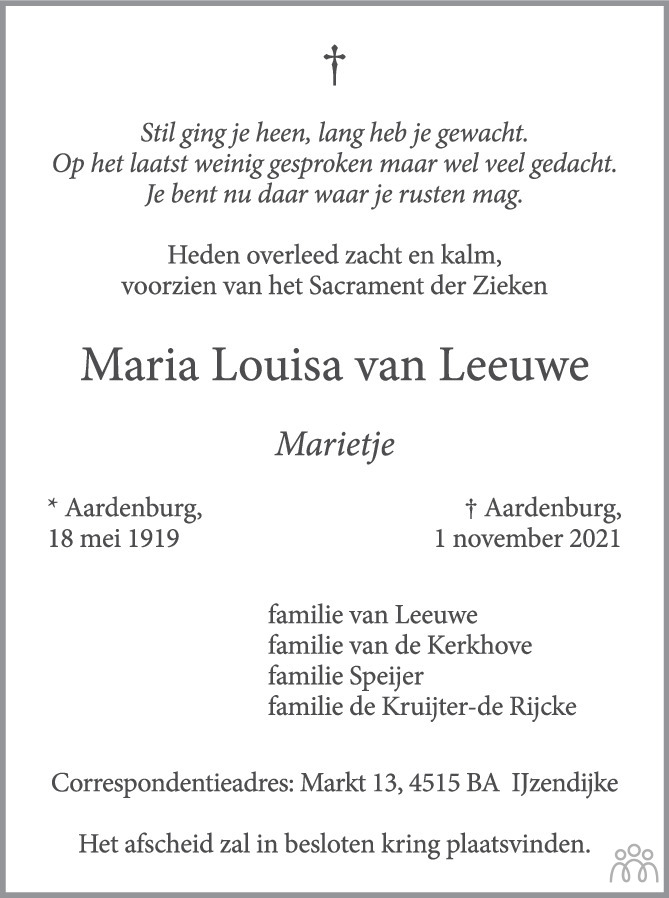 Overlijdensbericht van Maria Louisa (Marietje) van Leeuwe in PZC Provinciale Zeeuwse Courant