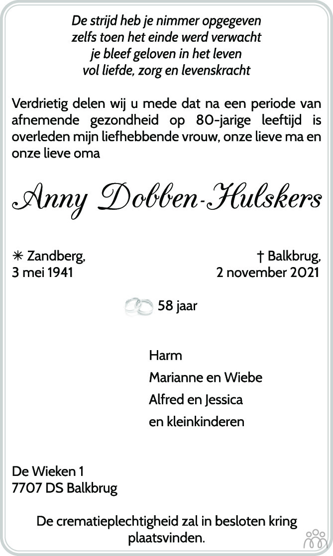 Overlijdensbericht van Anny Dobben-Hulskers in de Stentor