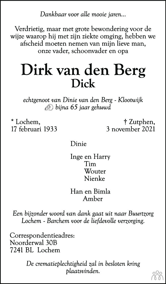 Dirk Dick Van Den Berg 03 11 2021 Overlijdensbericht En Condoleances Mensenlinq Nl