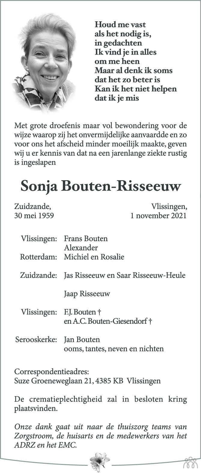 Overlijdensbericht van Sonja Bouten-Risseeuw in PZC Provinciale Zeeuwse Courant