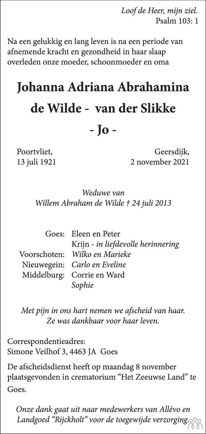 Overlijdensbericht van Johanna Adriana Abrahamina (Jo) de Wilde-van der Slikke in PZC Provinciale Zeeuwse Courant