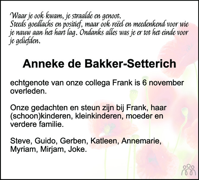 Overlijdensbericht van Anneke Antje de Bakker-Setterich in PZC Provinciale Zeeuwse Courant