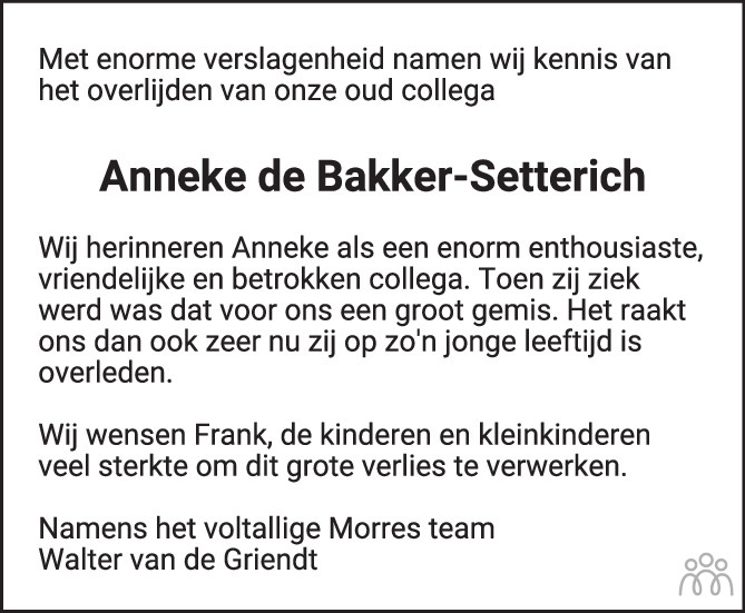 Overlijdensbericht van Anneke Antje de Bakker-Setterich in PZC Provinciale Zeeuwse Courant