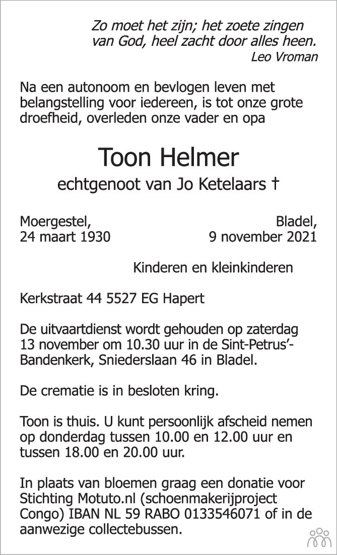 Overlijdensbericht van Toon Helmer in Eindhovens Dagblad