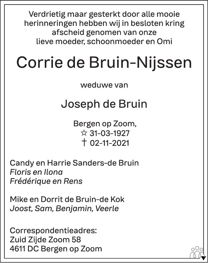 Corrie de BruinNijssen 02112021 overlijdensbericht en condoleances