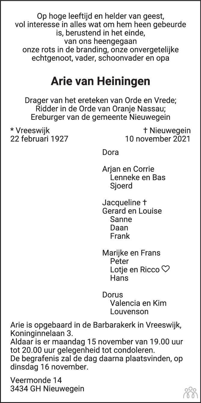 Arie van Heiningen 10-11-2021 overlijdensbericht en condoleances ...